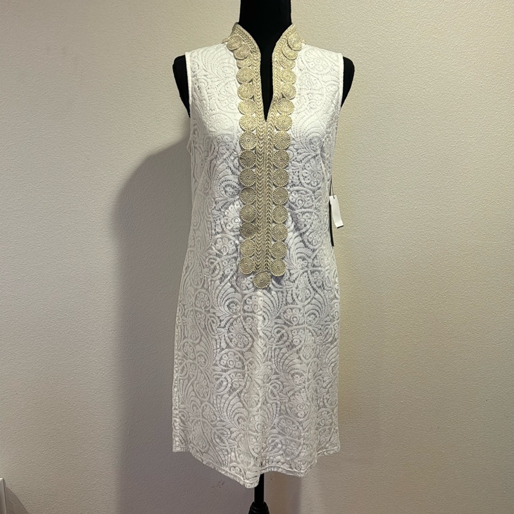 NWT!!! Vince Camuto Dress White and Gold Lace Zipper Back